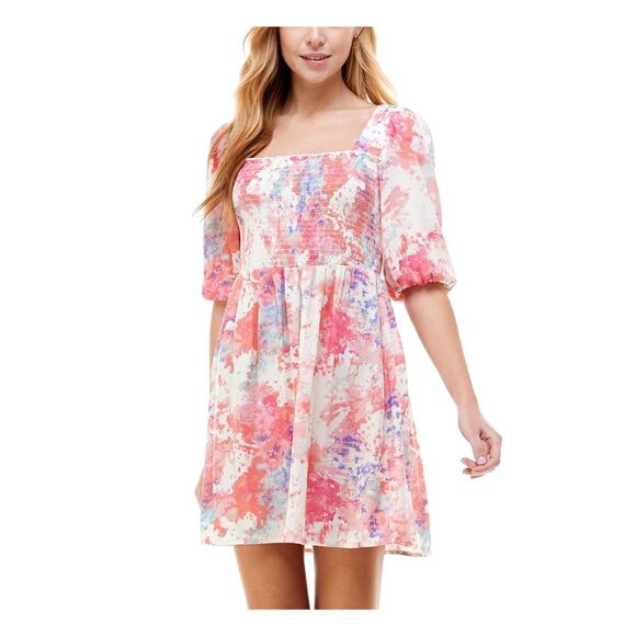 CITY STUDIO Dresses & Skirts - CITY STUDIO Womens Ivory Printed Pouf Sleeve Square Neck Fit + Flare Dress L